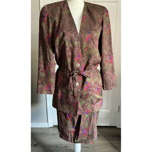 Vtg‎ Anne Klein Silk Suit Purple Multicolor Paisley Size 4 90s Y2K